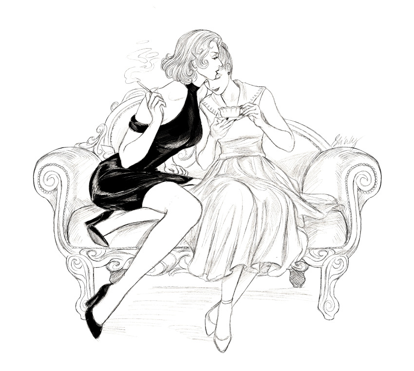 2girls, absurdres, beth_(veil), cigarette, closed_eyes, commentary, cup, dress