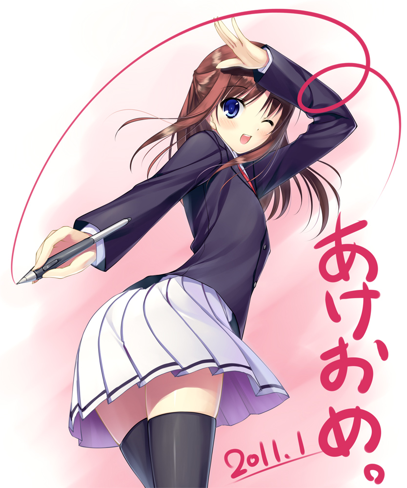 1girl, arm_up, bad_id, bad_pixiv_id, black_thighhighs, blue_eyes, blush, brown_hair