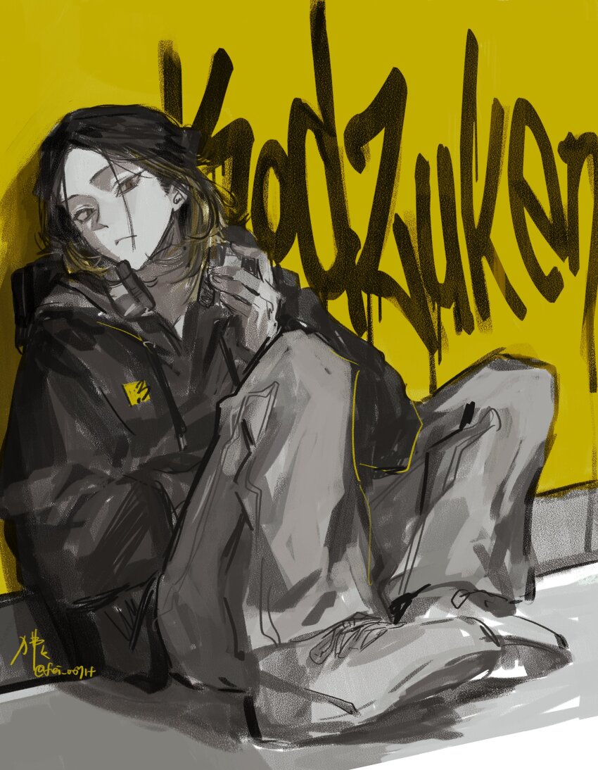 1boy, absurdres, black_hair, black_hoodie, blonde_hair, character_name, closed_mouth, commentary