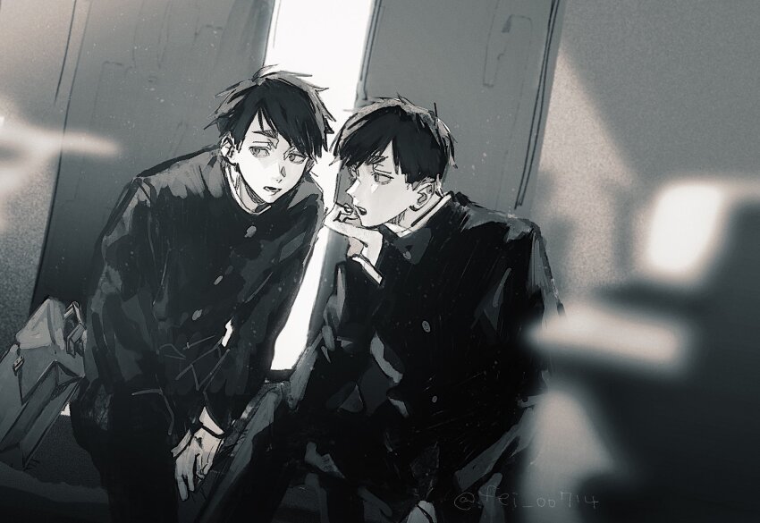 2boys, bag, brothers, buttons, commentary_request, elbow_on_knee, fei_00714, gakuran