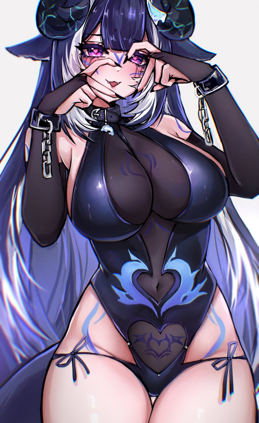 1girl, absurdres, belt_collar, black_gloves, black_hair, black_leotard, body_markings, breasts