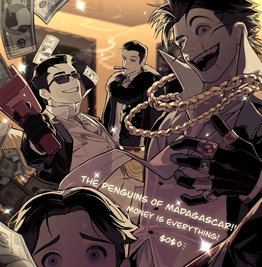 4boys, banknote, black_gloves, black_hair, black_jacket, blue_eyes, buttons, chain
