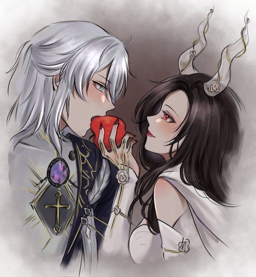 1boy, 1girl, apple, armor, black_cape, black_hair, black_nails, blue_eyes