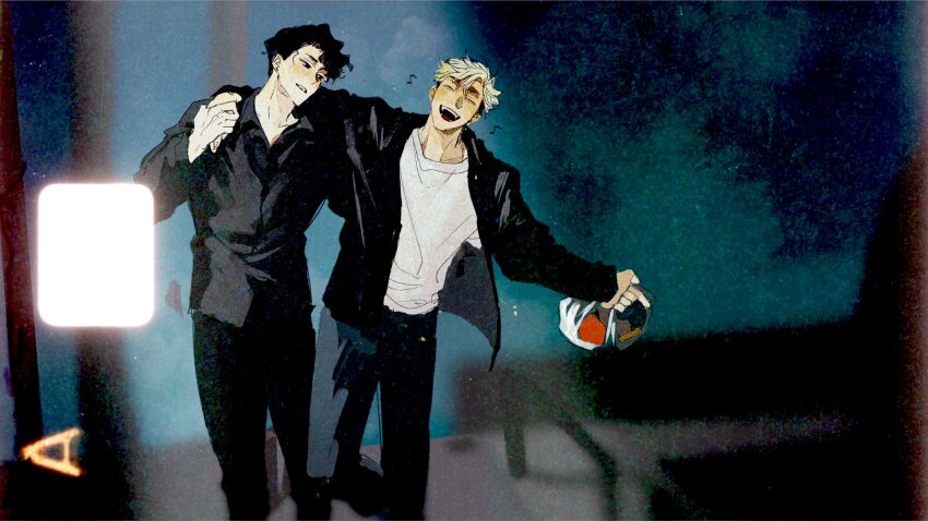 2boys, arm_around_shoulder, black_hair, black_pants, black_shirt, blonde_hair, collared_shirt, commentary_request