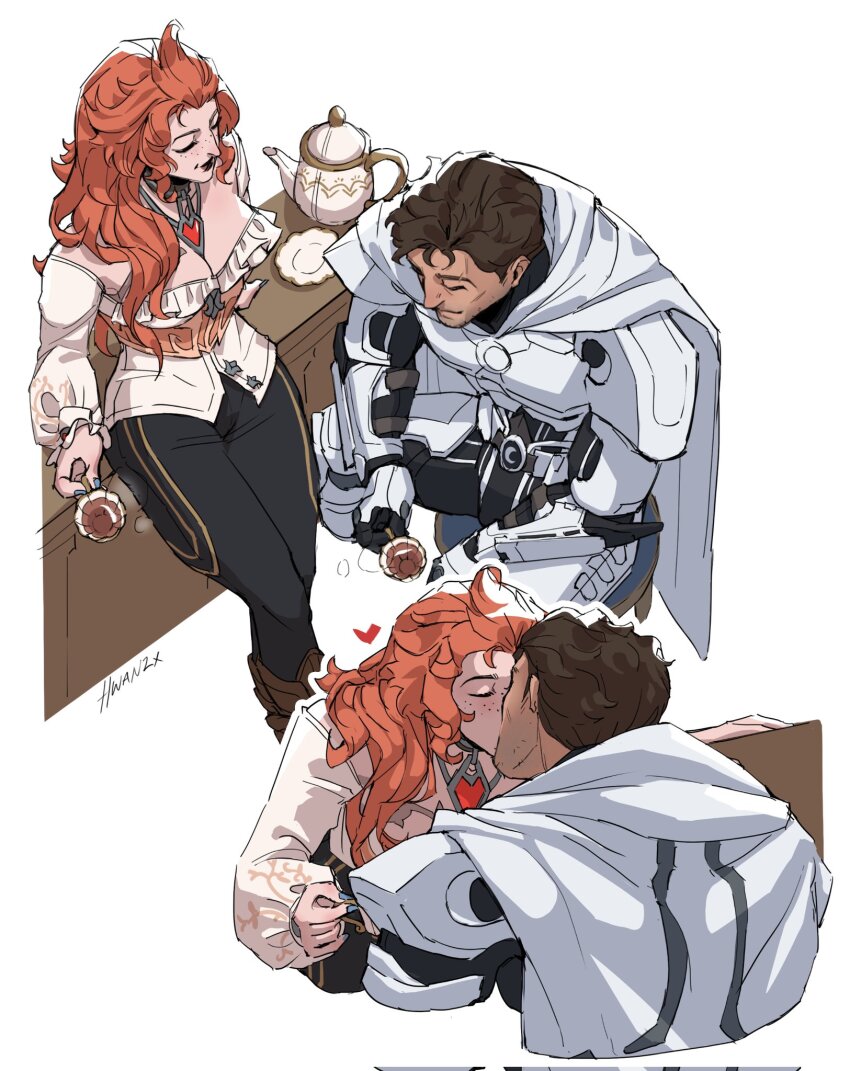 1boy, 1girl, bodysuit, breasts, cape, checkered_cloak, couple, cowl