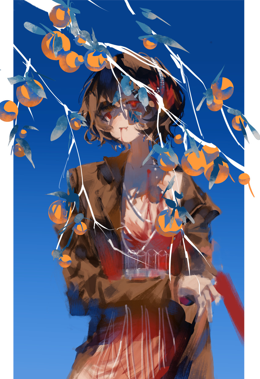 1girl, absurdres, black_coat, black_hair, blood, blood_from_mouth, blood_on_chest, blue_background