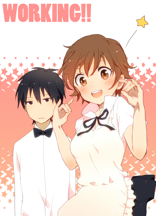 apron, black_hair, bow, bowtie, brown_eyes, brown_hair, higashida_daisuke, miyakoshi_hana