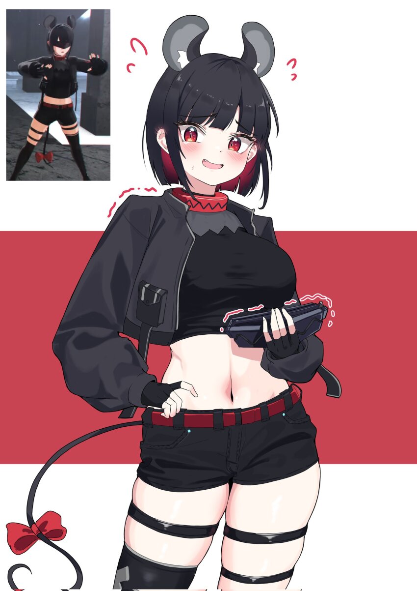 1girl, animal_ears, backup_dancer_(hakos_baelz), black_hair, black_jacket, blindfold_mask, bow, breasts