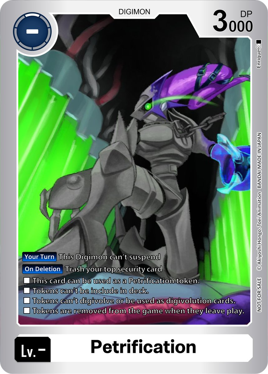 belt, digimon, digimon_card_game, enrique_digica, glowing, glowing_eye, green_eyes, looking_at_viewer, medusamon, petrification, snatchmon, third-party_edit, token_(tcg)
