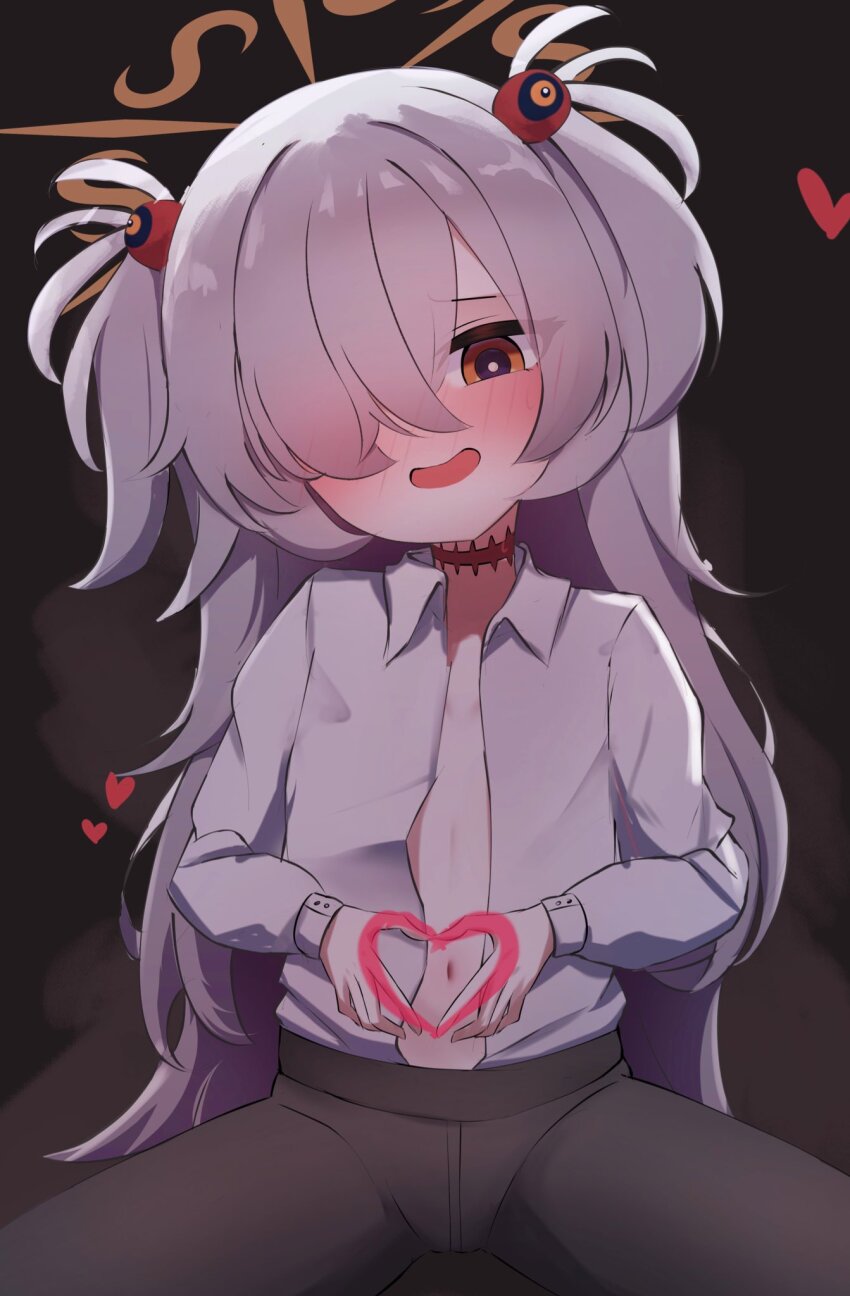 1girl, black_choker, black_pantyhose, blue_archive, brown_halo, choker, collared_shirt, grey_hair, hair_bobbles, hair_ornament, halo, heart, heart_hands, highres, iggy@cafe, kanoe_(blue_archive), loli, long_hair, multicolored_hair, navel, one_eye_covered, pantyhose, shirt, short_twintails, solo, spread_legs, twintails, two-tone_hair, unbuttoned, wavy_mouth