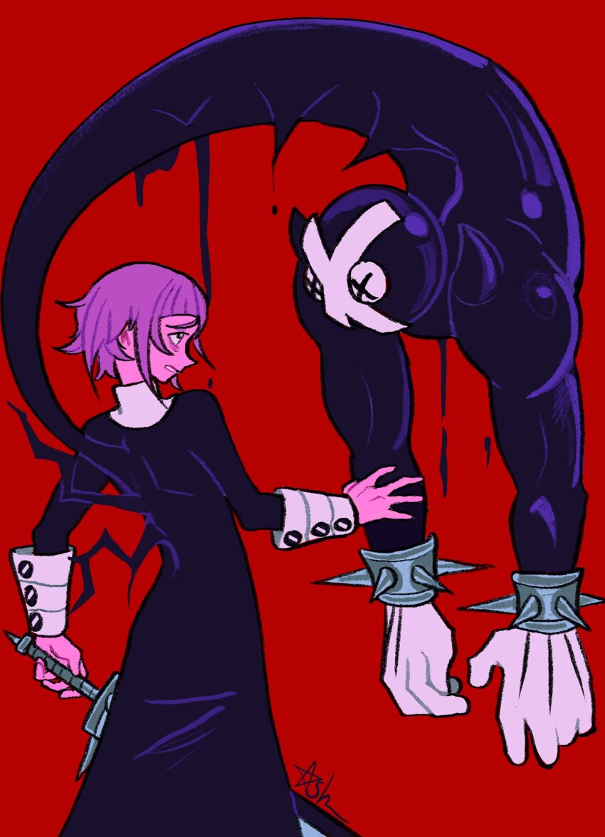 1other, androgynous, ashylotl, black_dress, crona_(soul_eater), dress, purple_hair, soul_eater, sword, tagme, weapon