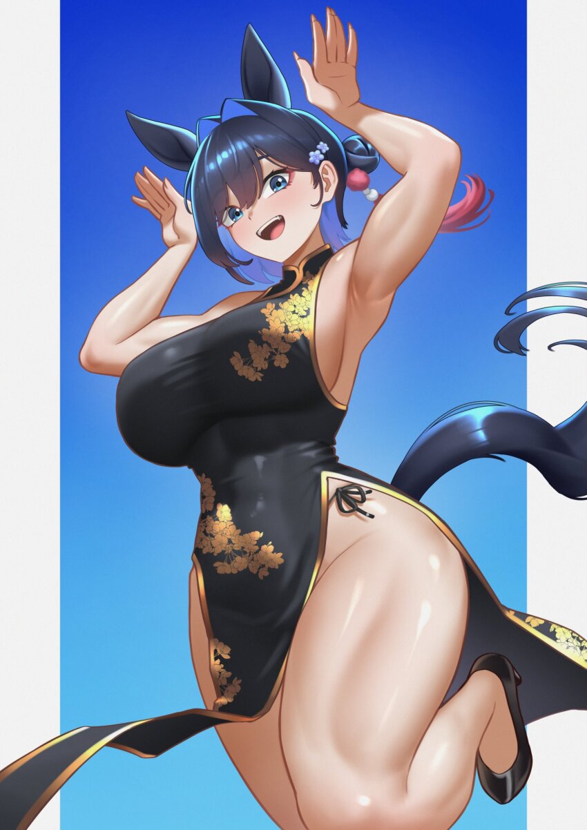 1girl, alternate_costume, animal_ears, armpits, black_dress, blue_eyes, blue_hair, breasts