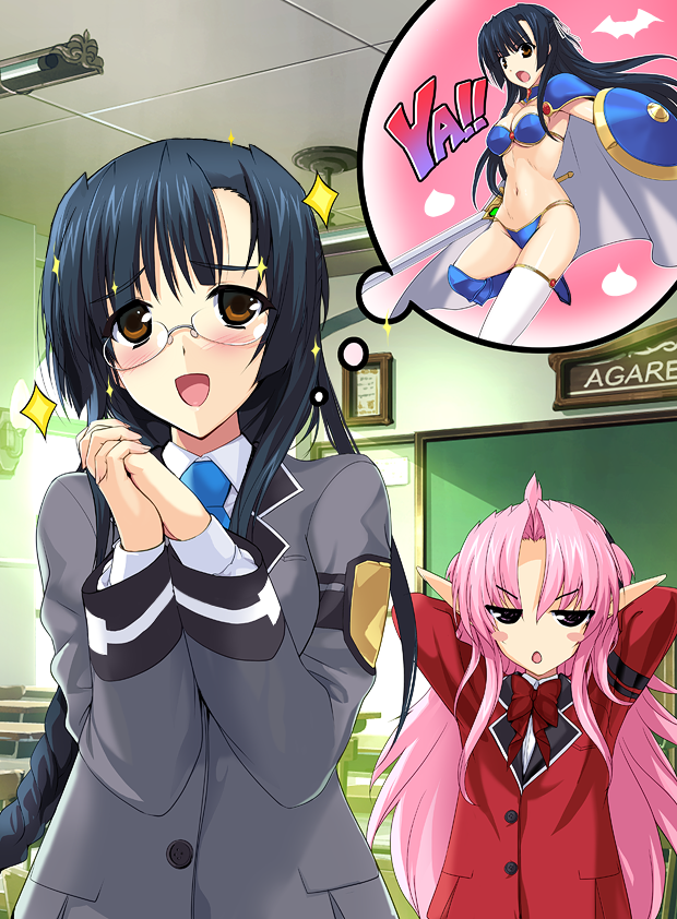 2girls, armor, armored_boots, arms_behind_head, bikini_armor, black_hair, blazer, blue_armor