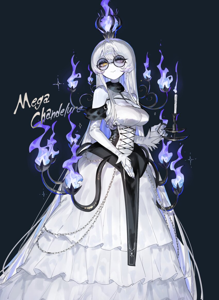 1girl, :>, absurdres, breasts, candlestand, chain, chandelure, character_name