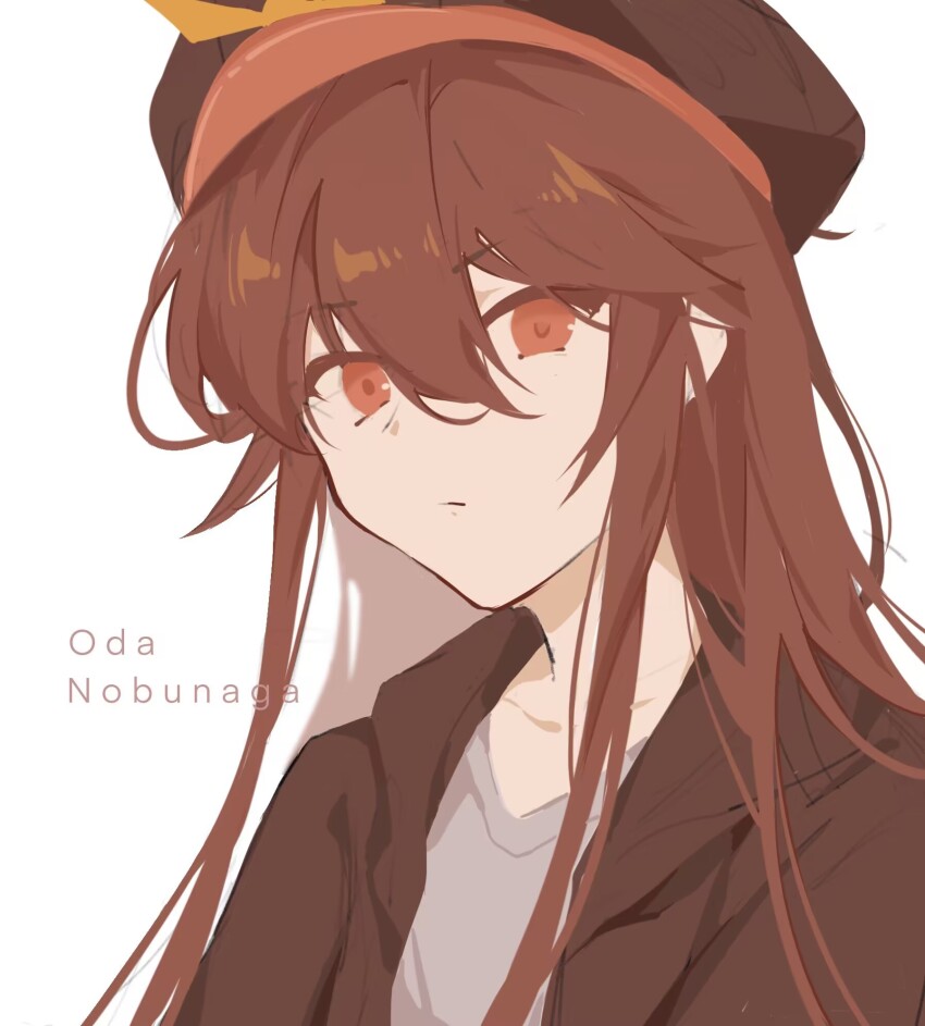 1girl, black_hat, black_jacket, brown_hair, character_name, commentary, fate/grand_order, fate_(series)