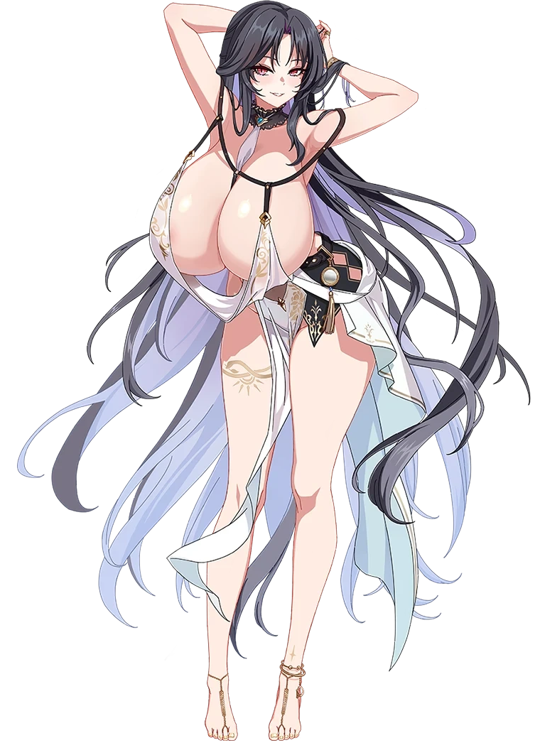 1girl, barefoot, black_hair, blush, breasts, curvy, dress, full_body