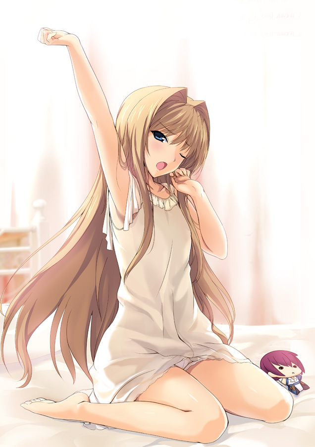 1girl, arm_up, bare_arms, barefoot, bed, blonde_hair, blue_eyes, character_doll