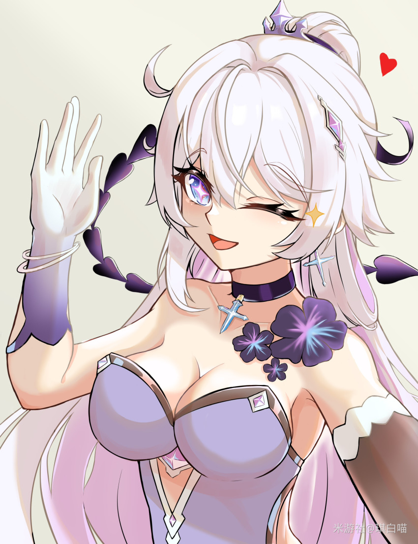 1girl, ;o, absurdres, ahoge, alternate_costume, blue_eyes, breasts, chinese_commentary, cleavage, commentary_request, diamond-shaped_pupils, diamond_(shape), dress, gloves, high_ponytail, highres, honkai_(series), honkai_impact_3rd, kiana_kaslana, kiana_kaslana_(herrscher_of_finality), large_breasts, long_hair, looking_at_viewer, miyoushe_watermark, multicolored_gloves, one_eye_closed, ponytail, purple_dress, qibai_miao, simple_background, solo, symbol-shaped_pupils, two-tone_gloves, very_long_hair, watermark, white_background, white_hair