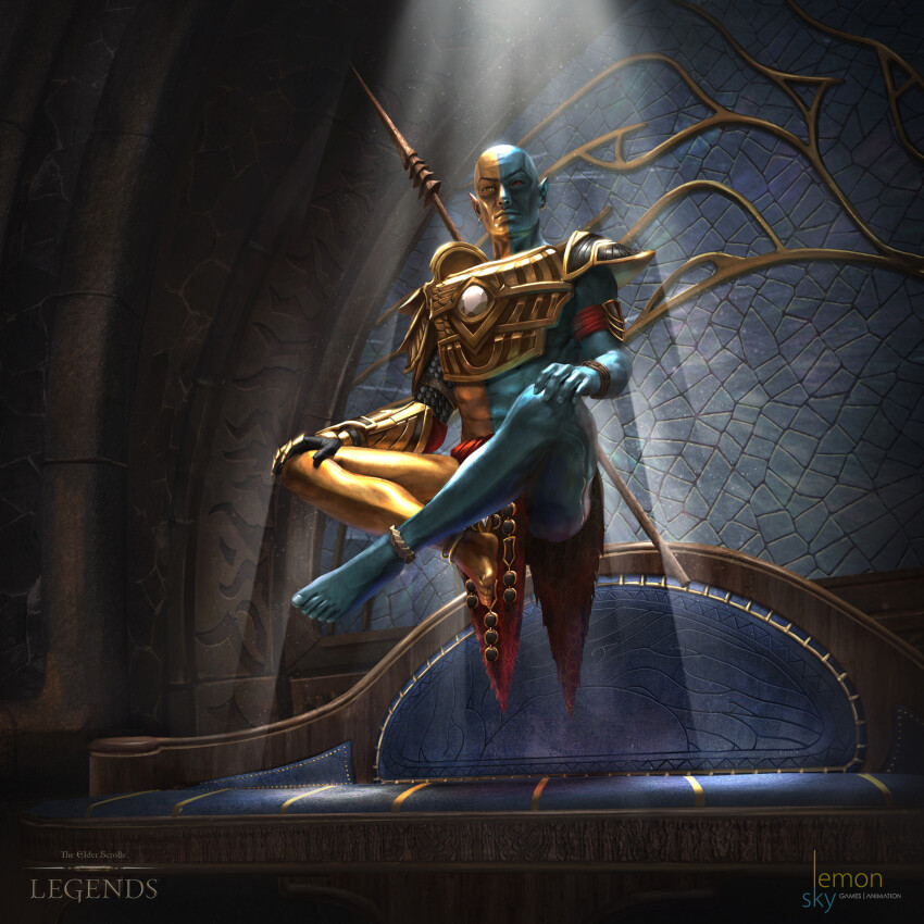 1boy, armband, armor, bald, barefoot, colored_skin, commentary, couch, crossed_legs, dunmer, english_commentary, floating, gauntlets, gold_armor, gold_skin, grey_skin, highres, indoors, levitation, light_rays, logo, muatra_(spear), official_art, pointy_ears, polearm, red_armband, red_eyes, red_loincloth, shoulder_armor, single_gauntlet, spear, the_elder_scrolls, the_elder_scrolls:_legends, the_elder_scrolls_iii:_morrowind, tjfoo, vivec_(elder_scrolls), weapon, yellow_eyes