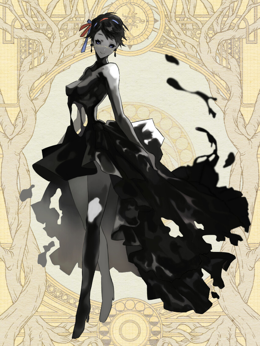 1girl, black_hair, black_sclera, breasts, colored_sclera, colored_skin, covered_erect_nipples, dairoku_ryouhei