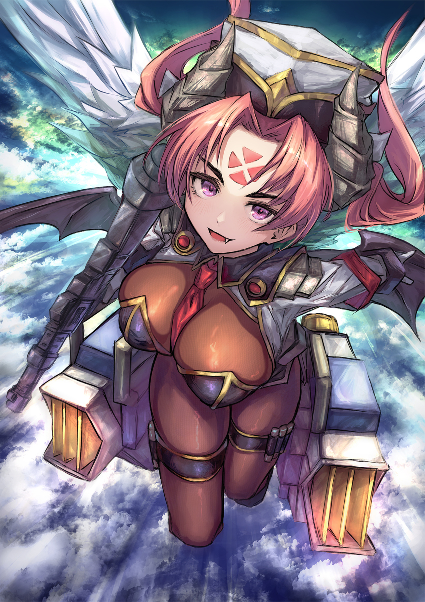 1girl, between_breasts, black_hat, black_wings, bodystocking, breasts, brown_bodystocking, cannon