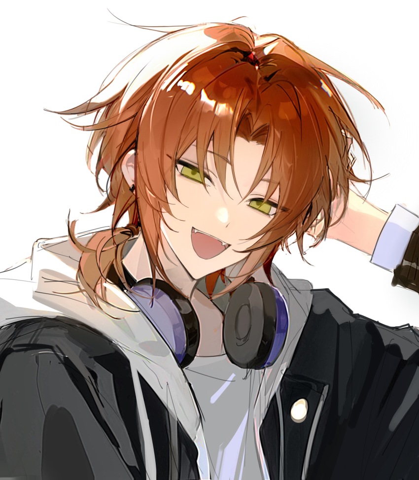 1boy, absurdres, alternate_costume, black_jacket, curtained_hair, earrings, ensemble_stars!, fangs