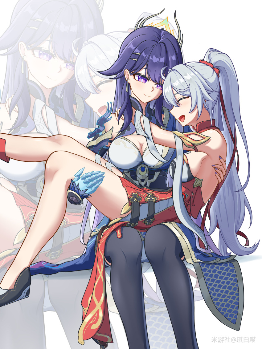 2girls, absurdres, black_thighhighs, breasts, carrying, chinese_commentary, cleavage, commentary_request, dress, high_ponytail, highres, honkai_(series), honkai_impact_3rd, japanese_clothes, kiana_kaslana, kiana_kaslana_(ba-dum!_fiery_wishing_star), kimono, large_breasts, long_hair, miyoushe_watermark, multiple_girls, ponytail, princess_carry, purple_eyes, purple_hair, purple_kimono, qibai_miao, raiden_mei, raiden_mei_(xentinel:_dawnbearing_crescent), red_dress, smile, thighhighs, very_long_hair, watermark, white_hair, yuri, zoom_layer