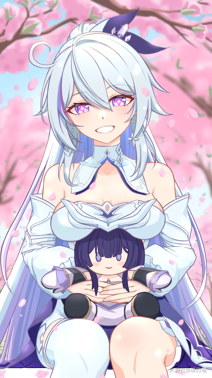 1girl, ahoge, bare_shoulders, blue_eyes, breasts, character_doll, cherry_blossoms, chinese_commentary