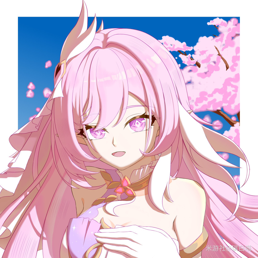 1girl, absurdres, bare_shoulders, blue_sky, border, breasts, cherry_blossoms, chinese_commentary