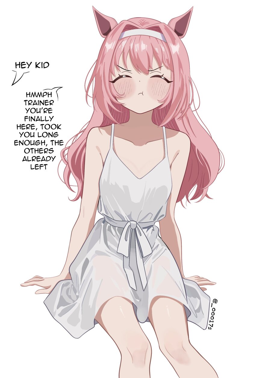 00017s, 1girl, absurdres, breasts, closed_eyes, dress, furrowed_brow, hairband, haru_urara_(umamusume), highres, horse_girl, medium_hair, pink_hair, pout, simple_background, sitting, small_breasts, solo, spaghetti_strap, thighs, twitter_username, umamusume, white_background, white_hairband