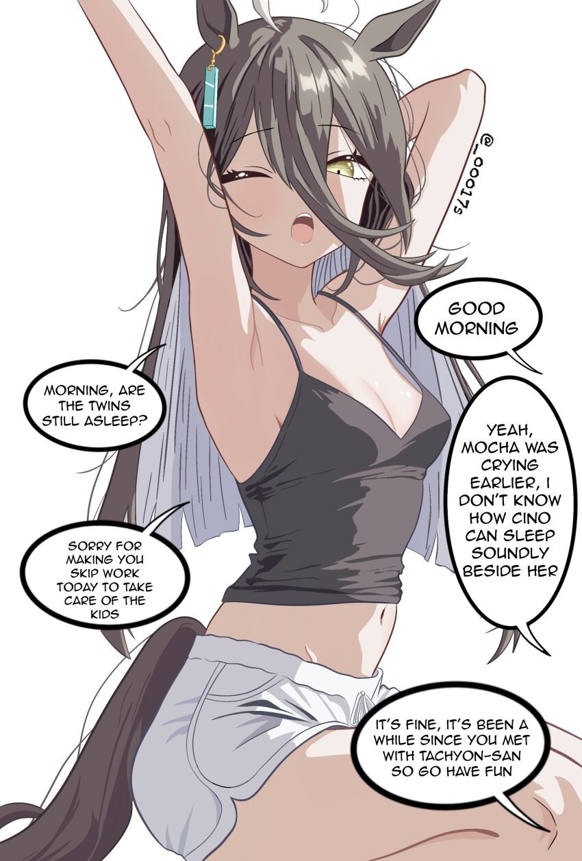 00017s, 1girl, absurdres, animal_ear_piercing, animal_ears, arm_up, black_hair, breasts, clothes_lift, colored_inner_hair, commentary, dolphin_shorts, english_commentary, highres, horse_ears, horse_girl, looking_at_viewer, manhattan_cafe_(umamusume), medium_breasts, multicolored_hair, navel, one_eye_closed, shirt, shorts, spaghetti_strap, thighs, twitter_username, umamusume, white_background, yawning, yellow_eyes