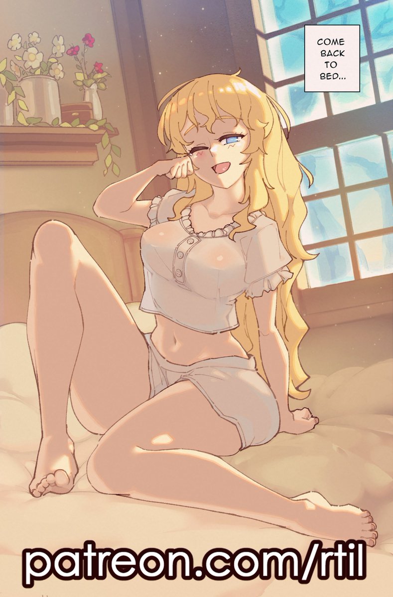 1girl, ;o, blanket, blonde_hair, blue_eyes, blush, breasts, buttons, frilled_shirt_collar, frills, half-closed_eyes, highres, katawa_shoujo, large_breasts, long_hair, messy_hair, navel, on_bed, one_eye_closed, open_mouth, pajama_shorts, pajamas, pillow, rtil, rubbing_eyes, satou_lilly, shirt, sleepy, smile, solo, thighs, white_pajamas, white_shirt, yawning