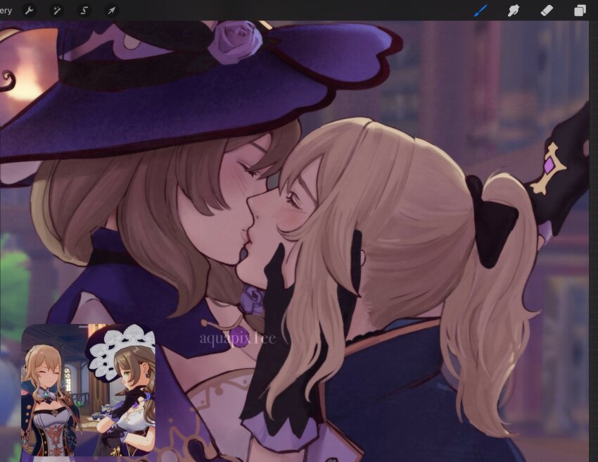 2girls, aquapix1ee, art_program_in_frame, artist_name, black_gloves, blonde_hair, blush, brown_hair