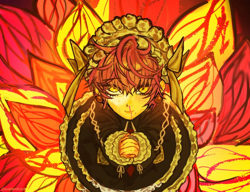 1girl, alien_stage, black_dress, blood, closed_mouth, commentary, danganronpa:_trigger_happy_havoc, danganronpa_(series)