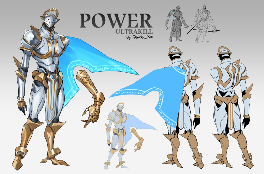 angel, armor, cape, concept_art, detached_arm, francis_xie, full_armor, full_body, helmet, highres, multiple_views, official_art, power_(ultrakill), silver_armor, ultrakill