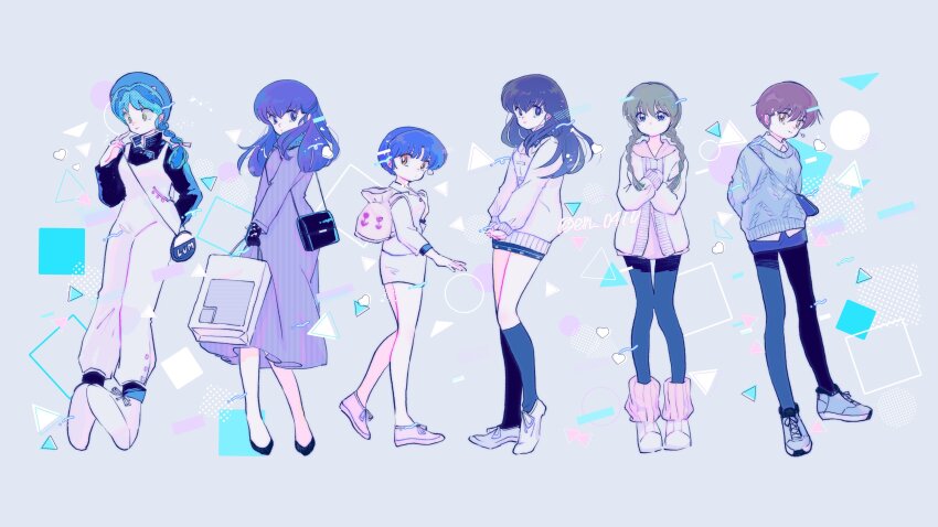 6+girls, absurdres, blue_eyes, blue_hair, braid, brown_hair, commentary_request, creator_connection, crossover, dress, en_0410, green_hair, grey_background, highres, higurashi_kagome, inuyasha, kiba_nanoka, kyoukai_no_rinne, long_hair, lum, maison_ikkoku, mamiya_sakura, mao_(takahashi_rumiko), multiple_girls, orange_eyes, otonashi_kyouko, overalls, purple_dress, ranma_1/2, short_hair, single_braid, tendou_akane, twin_braids, urusei_yatsura, white_overalls, yellow_eyes