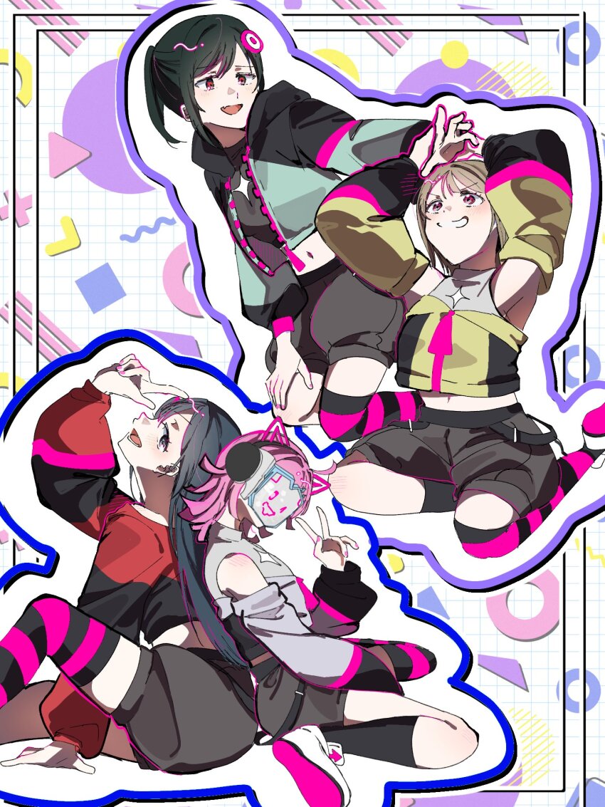 4girls, abstract_background, anegoma567, animal_ear_headphones, animal_ears, armpits, arms_up, bare_shoulders