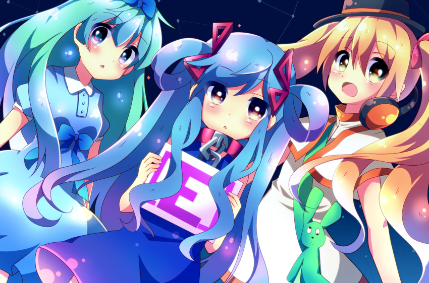 3girls, aqua_hair, bemani, blonde_hair, blue_hair, hat, jubeat, kaniko, maud, multiple_girls, sayonara_trip, twintails, urara_(sumairuclover)