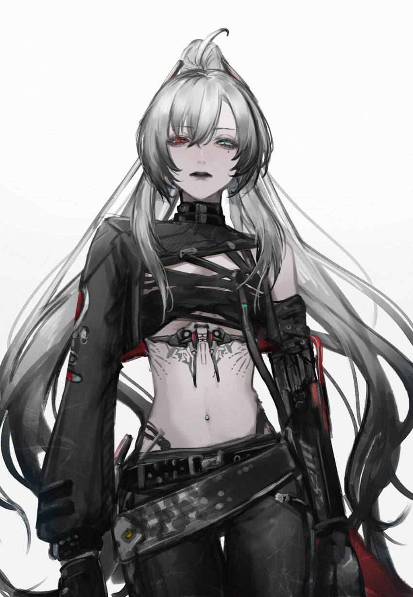 1girl, alpha:_crimson_weave_(hunt_of_retribution)_(pgr), alpha_(pgr), black_gloves, black_hair, black_lips, black_pants, blue_eyes, closed_mouth, cowboy_shot, gi_ra1, gloves, gradient_hair, grey_hair, hair_between_eyes, heterochromia, highres, long_hair, long_sleeves, looking_at_viewer, mechanical_arms, midriff, mole, mole_under_eye, multicolored_hair, navel, pants, ponytail, puffy_long_sleeves, puffy_sleeves, punishing:_gray_raven, red_eyes, simple_background, single_mechanical_arm, solo, standing, very_long_hair, white_background