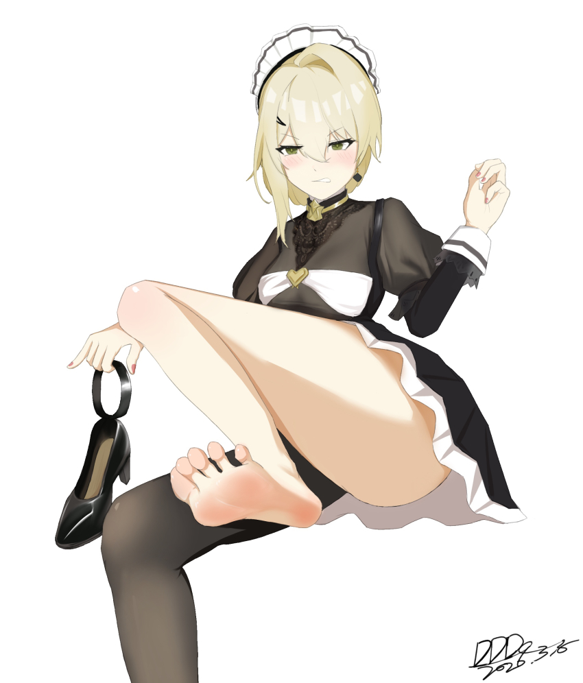 1girl, barefoot, blonde_hair, blush, clenched_teeth, ddd_(user_vrer5722), feet, girls'_frontline