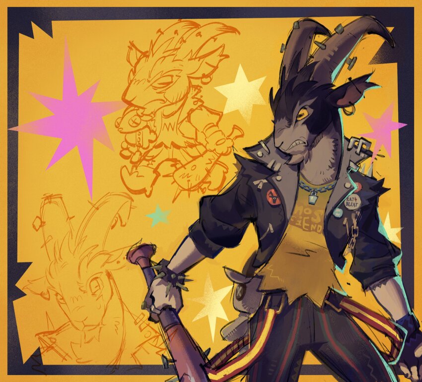 1boy, animal_ears, baseball_bat, billy_(deadlock), black_jacket, bracelet, chain, chain_necklace