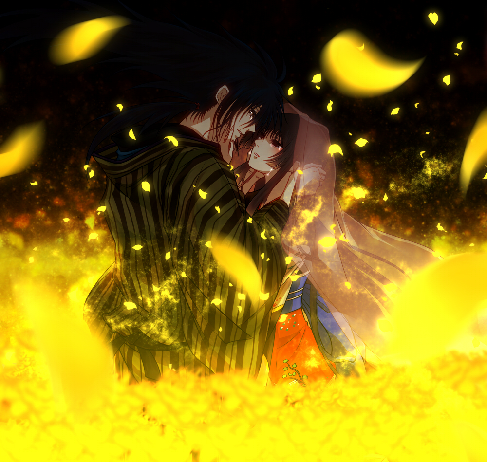 1boy, 1girl, black_eyes, black_hair, brown_eyes, couple, hetero, japanese_clothes