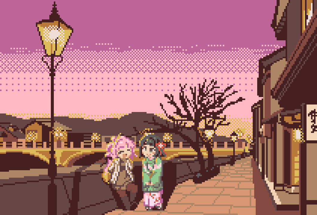 2girls, ^_^, anyoji_hime, anyoji_hime_(winter_casual), black_boots, black_hair, blush, bob_cut