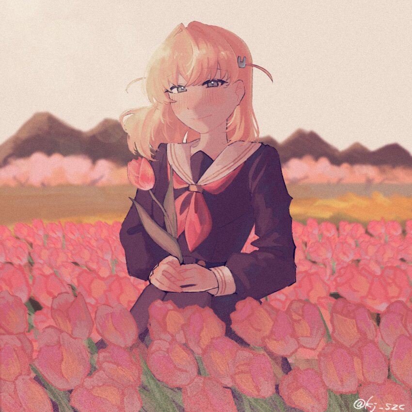 1girl, blush, brown_dress, closed_mouth, commentary, cowboy_shot, dress, field