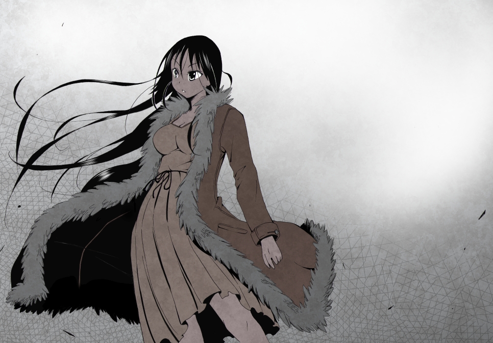 1girl, akiyama_mio, black_eyes, black_hair, breasts, coat, dress, female_focus