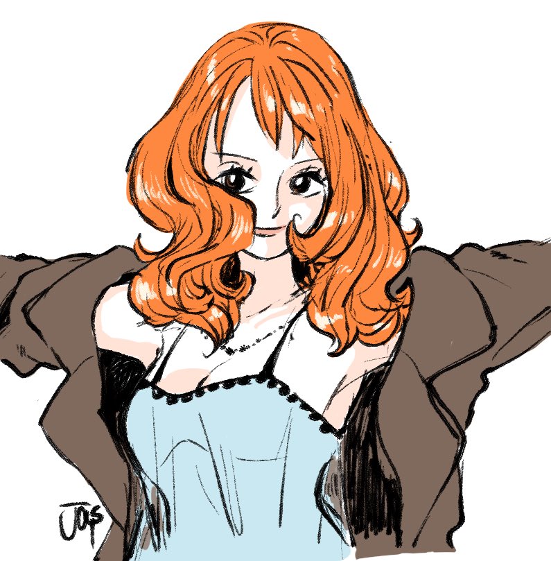 1girl, alternate_costume, alternate_hairstyle, artist_name, blue_camisole, breasts, brown_jacket, camisole