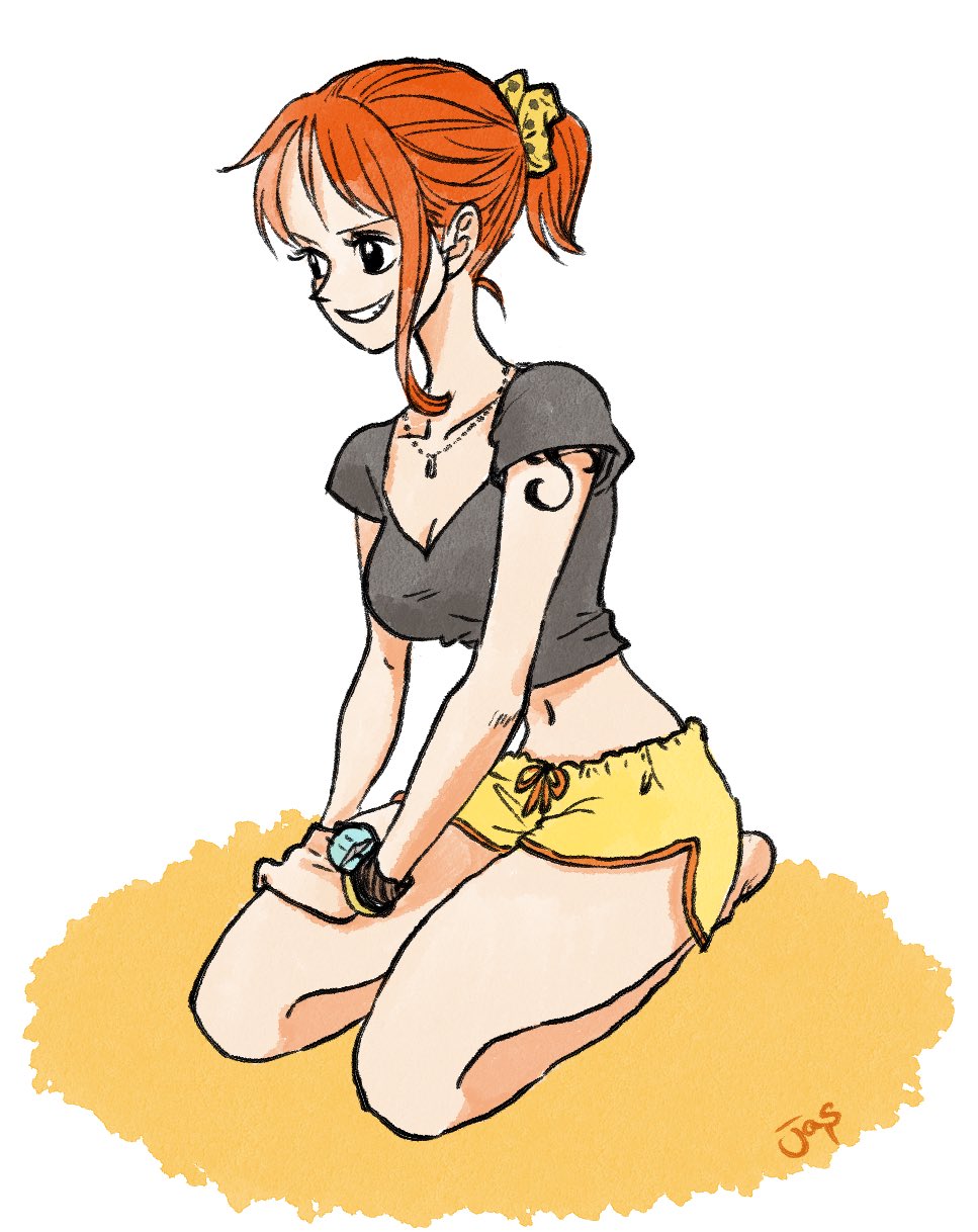 1girl, artist_name, bangle, barefoot, bracelet, breasts, cleavage, collarbone