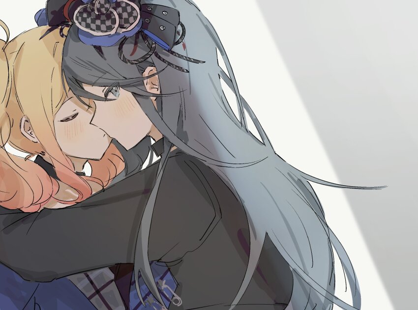 2girls, black_eyes, black_hair, blonde_hair, checkered_hair_ornament, closed_eyes, commentary_request, gradient_hair