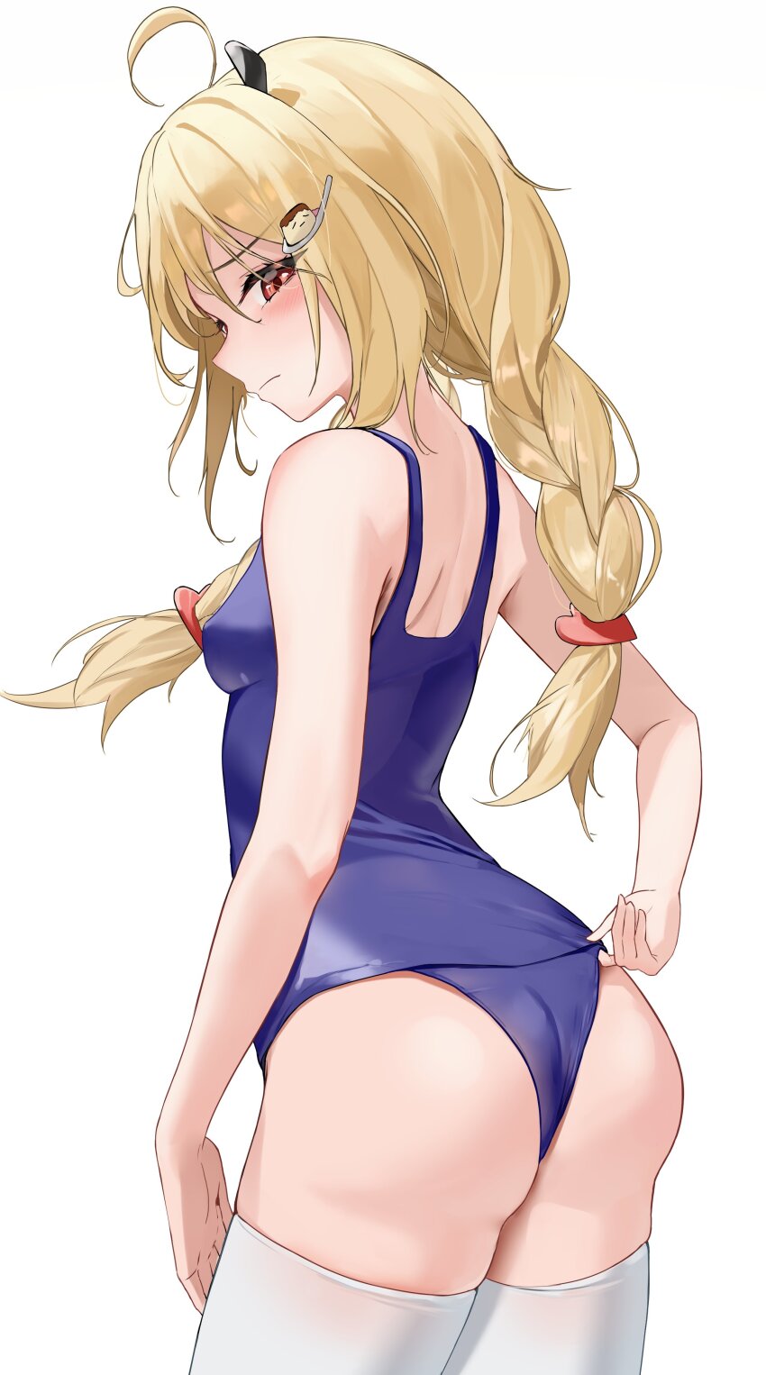 1girl, absurdres, ahoge, ass, bare_arms, bare_shoulders, blue_one-piece_swimsuit, blush, breasts, closed_mouth, eblis_choki, from_behind, hair_ornament, hairclip, hashtag-only_commentary, highres, long_hair, looking_at_viewer, one-piece_swimsuit, red_eyes, simple_background, small_breasts, sogogy, solo, stardays, swimsuit, thighhighs, twintails, virtual_youtuber, white_background, white_thighhighs