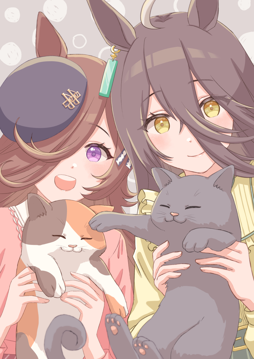 2girls, :d, absurdres, ahoge, alternate_costume, animal, animal_ear_piercing, animal_ears, birthday_connection, black_cat, black_hair, blue_hat, blush, brown_hair, calico_(pattern), calico_cat, cat, collared_shirt, commentary_request, contrast_collar, frilled_shirt_collar, frills, grey_background, hair_between_eyes, hair_over_one_eye, happy_birthday, hat, highres, holding, holding_animal, holding_cat, horse_ears, horse_girl, long_hair, looking_at_viewer, manhattan_cafe_(casual)_(umamusume), manhattan_cafe_(umamusume), multicolored_hair, multiple_girls, open_mouth, pink_shirt, polka_dot, polka_dot_background, purple_eyes, rashi_(qwer0987), rice_shower_(umamusume), shirt, short_sleeves, simple_background, smile, streaked_hair, teeth, tilted_headwear, umamusume, upper_body, upper_teeth_only, white_hair, yellow_eyes, yellow_shirt